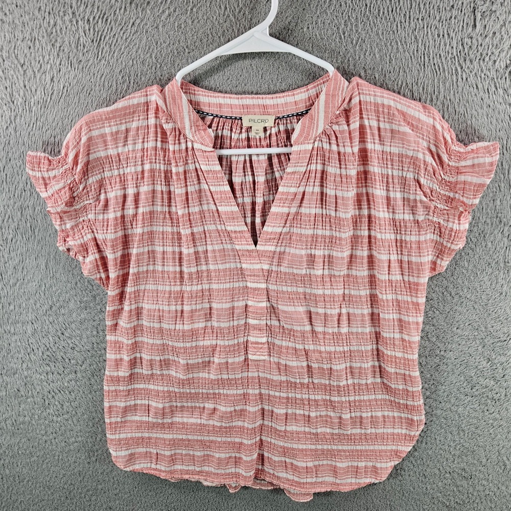Pilcro Anthropologie Womens XS Pink White Striped Smocked Flutter Sleeve Top
